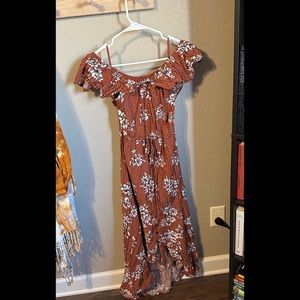 Maurices Off The Shoulder High Low Rust and White Floral Dress, size M
